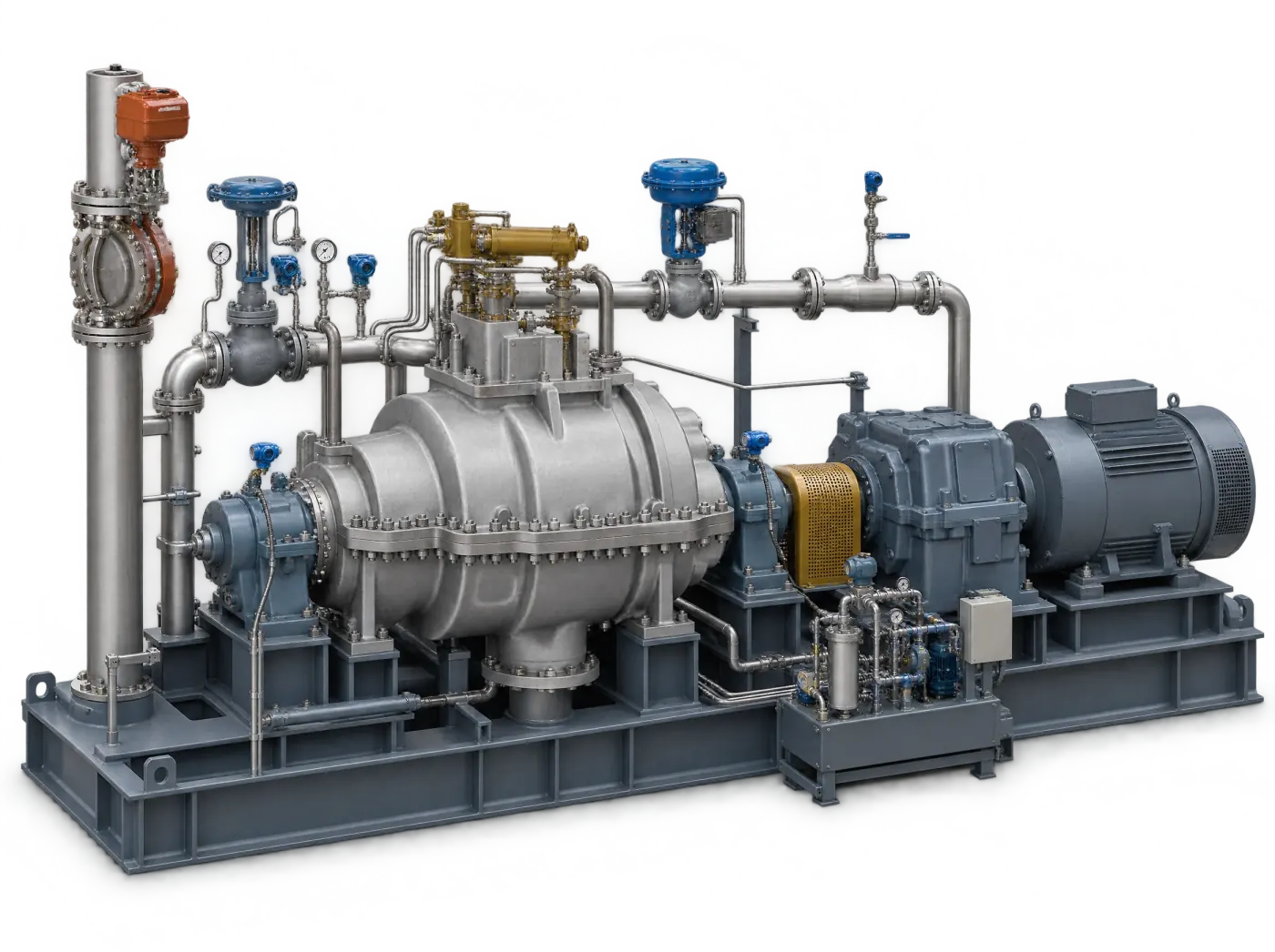 Render of a steam turbine package with its supplied components