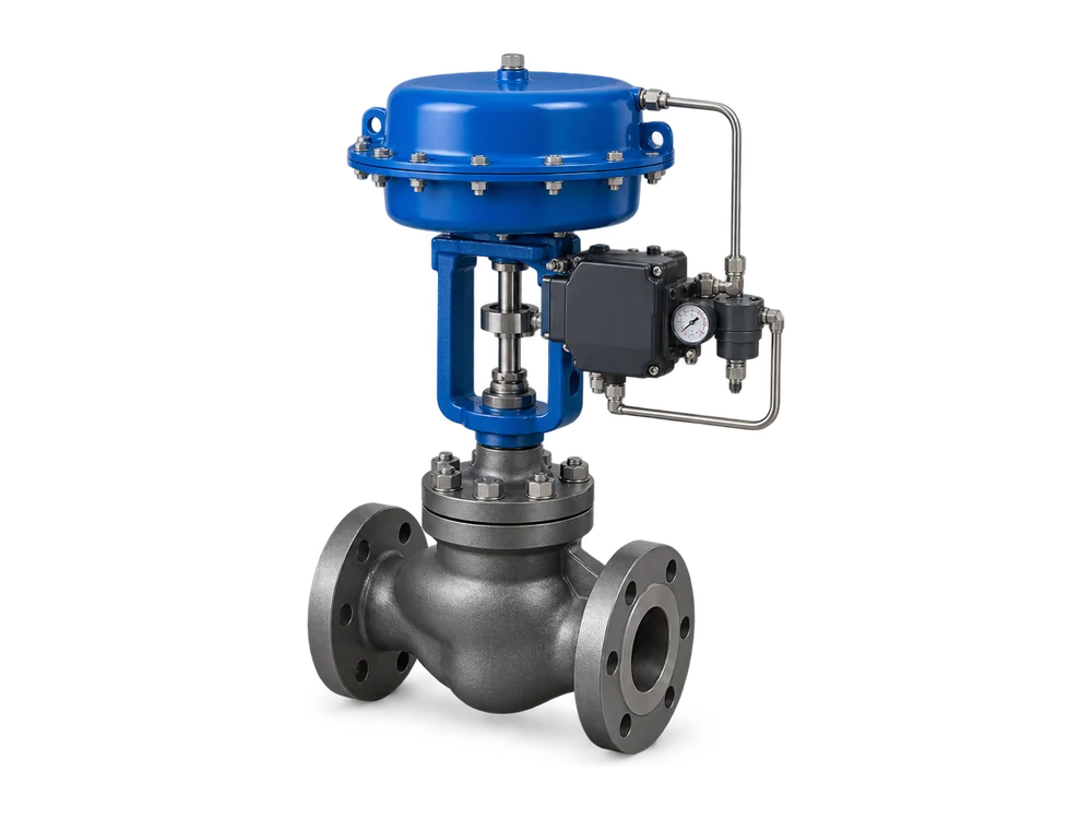 Globe control valve with a blue pneumatic diaphragm actuator and positioner