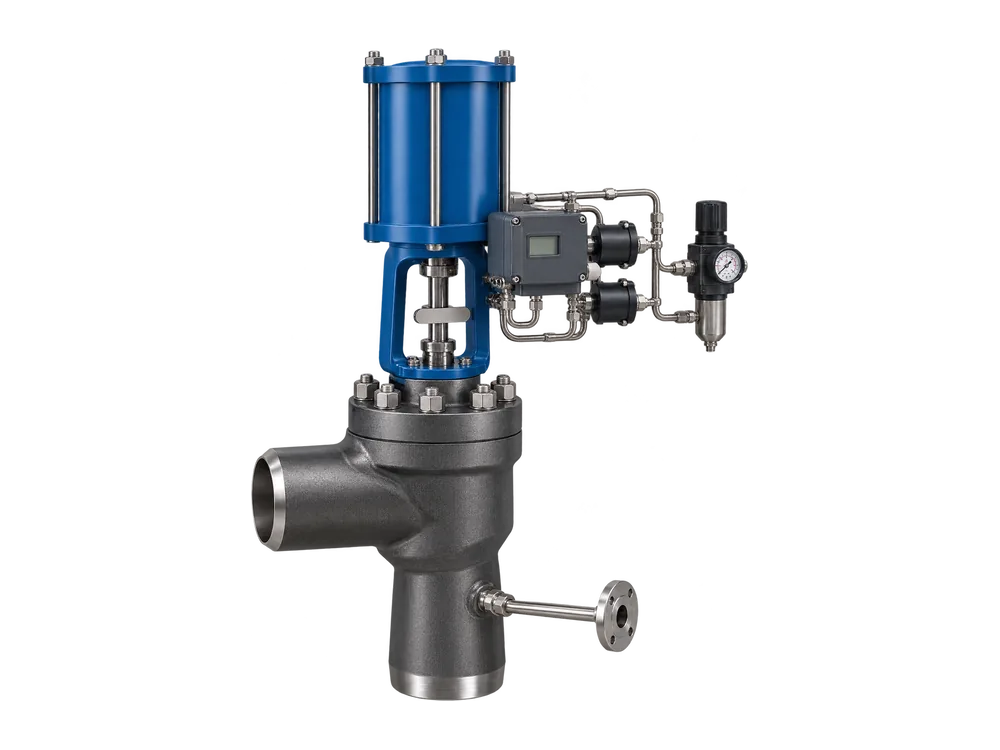 Angle-pattern turbine bypass valve with butt-weld ends, a spray-water connection and a blue pneumatic piston actuator