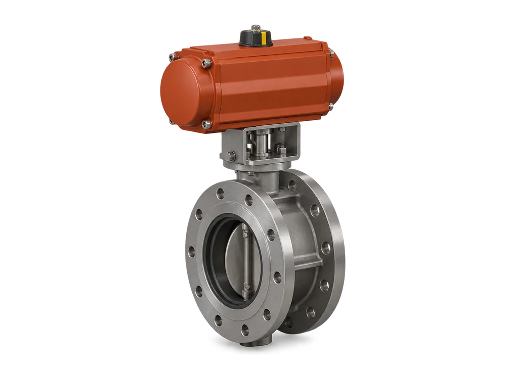 Flanged triple-offset butterfly valve with a quarter-turn actuator