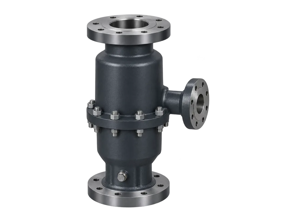 Automatic recirculation valve with flanged inlet, main outlet and a smaller bypass outlet
