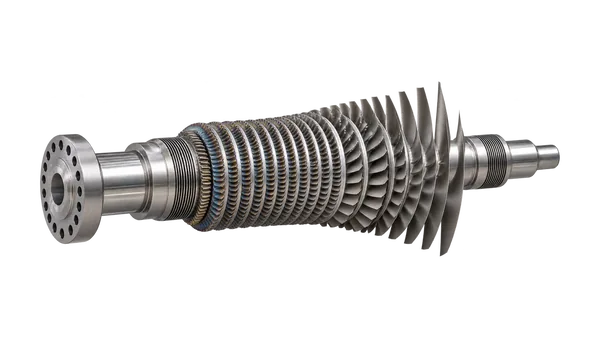 Steam turbine rotor with bladed stages, bearing journals and coupling flange