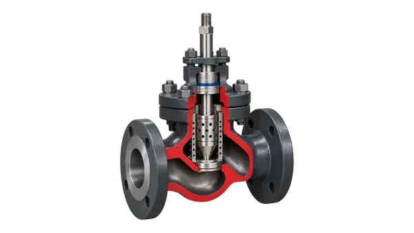 Cutaway globe control valve showing the cage, plug, seat ring and stem packing